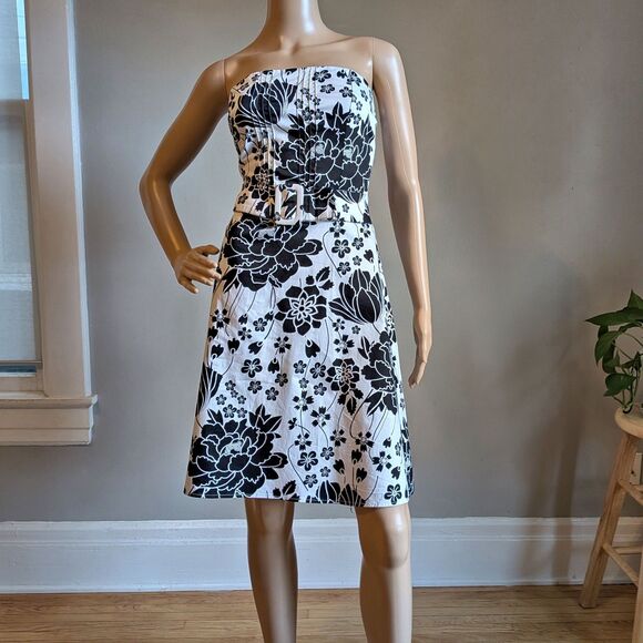 Vintage Y2K Be Smart Strapless Mini Dress Floral Belted Cotton Twee Size 10 - Picture 2 of 9